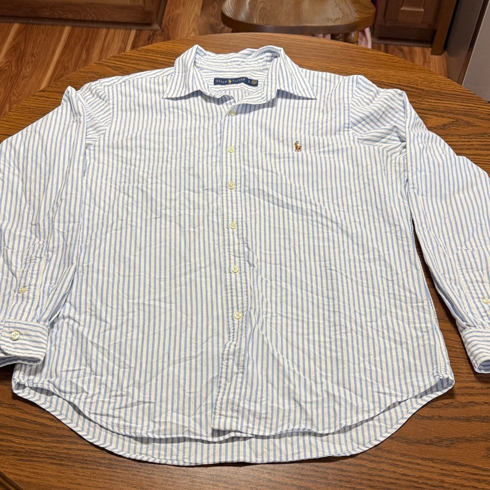 Polo by Ralph Lauren Men's White and Blue Striped Large Shirt